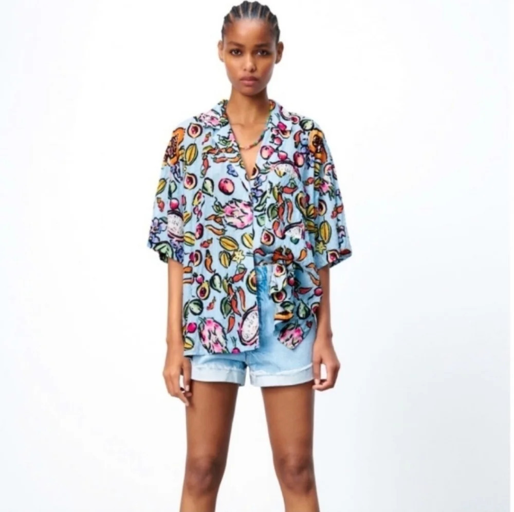Zara Short Sleeve Oversized Colorful Fruit Novelty Print Blouse Top Size XS